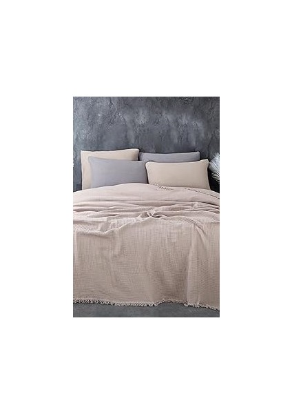 MÜSLIN%100 Pamuk Tek Kişilik Yatak Örtüsü (Pike) Takımı 4 Katlı Yumuşak Battaniye 2 Parça Bej