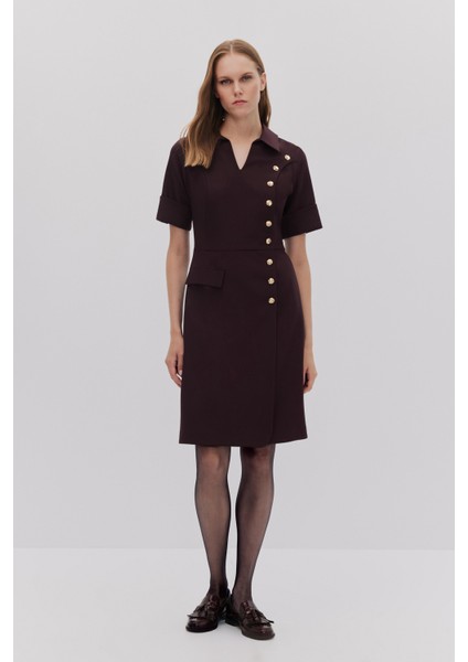 Önü Çakma Detaylı Manşetli Elbise