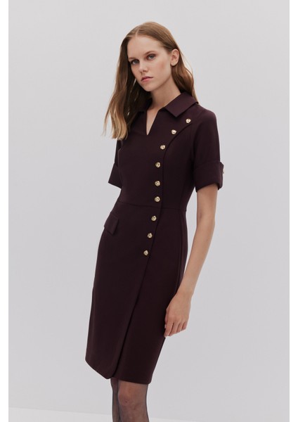 Önü Çakma Detaylı Manşetli Elbise