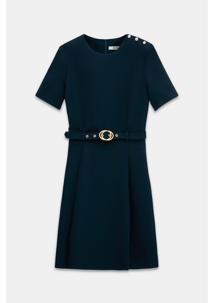 Omzu Düğme Detaylı Kemerli Mini Elbise