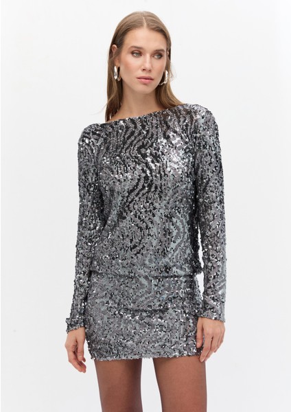 Arkası Degaje Yakalı Payet Elbise