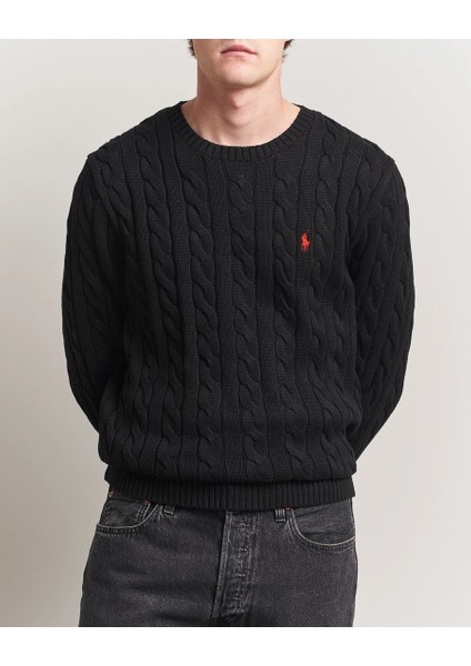 Erkek Örgü Dokulu Siyah Triko Kazak