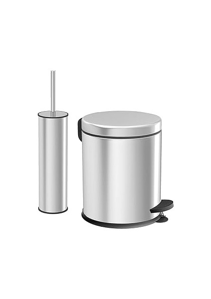Vinoks Serisi Şık Tasarım Paslanmaz Çelik Çöp Kovası ve Wc Fırçası 2 'li Banyo Seti