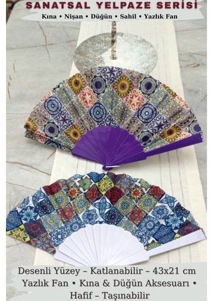 Desenli Yelpaze 2’li Set Katlanabilir Kına Düğün Nişan Nedime Yazlık Fan Sahil Plaj 43x21 cm