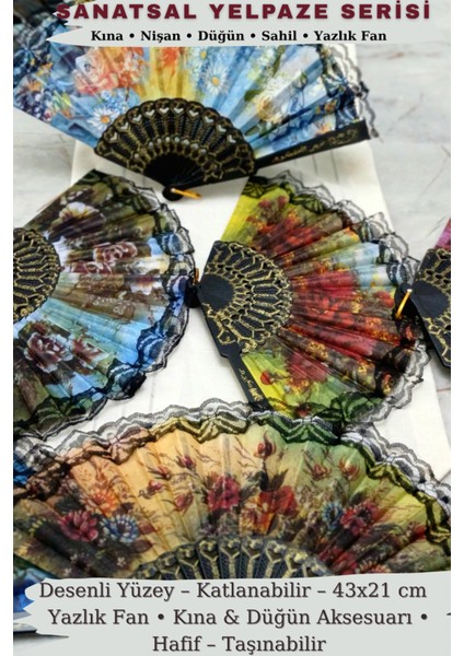 Desenli Yelpaze 2’li Set Katlanabilir Kına Düğün Nişan Nedime Yazlık Fan Sahil Plaj 43x21 cm fiyatları