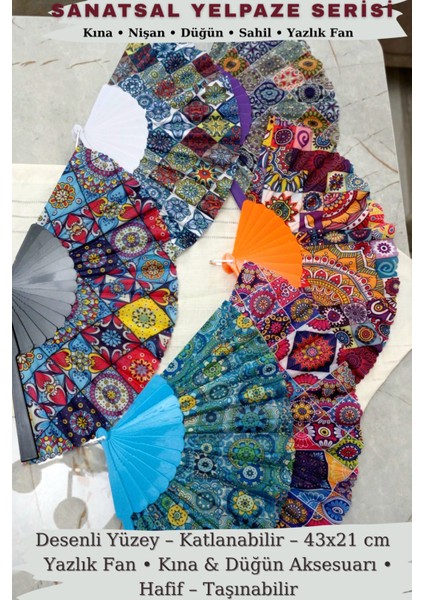 Desenli Yelpaze 2’li Set Katlanabilir Kına Düğün Nişan Nedime Yazlık Fan Sahil Plaj 43x21 cm modelleri