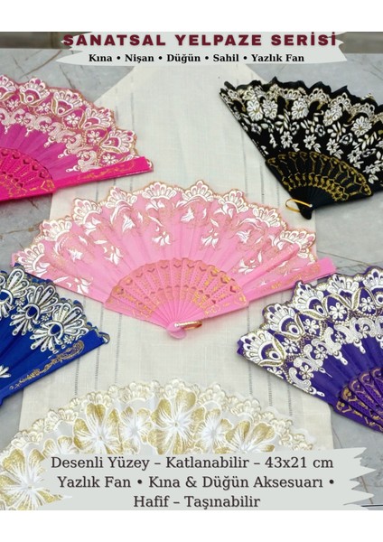 Desenli Yelpaze 2’li Set Katlanabilir Kına Düğün Nişan Nedime Yazlık Fan Sahil Plaj 43x21 cm fırsatları