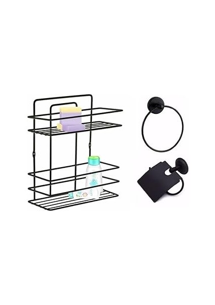 Banyo Aksesuar Seti 3 Lü Siyah, Ömür Boyu Paslanmaz Düz Banyo Rafı Şampuanlık Siyah Tş -02