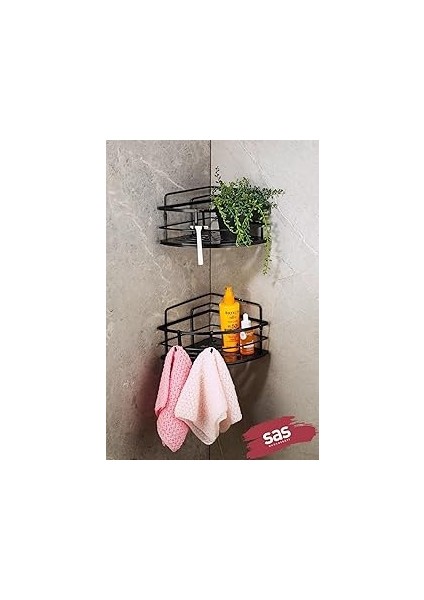 2’li Kancalı Yapışkanlı Banyo Duş Köşe Rafı – Ayarlanabilir Kristal Raf (Yapıştır/vidala) Siyah-Siy