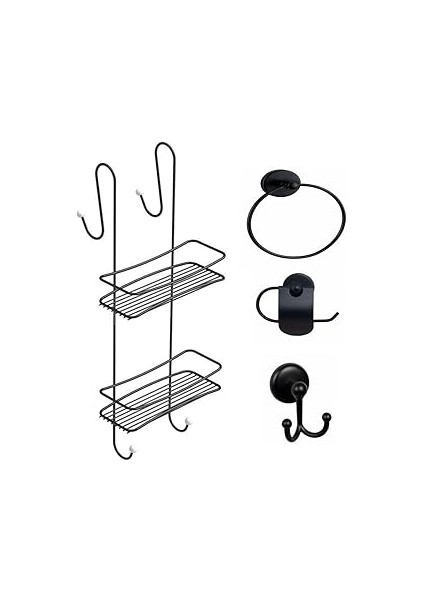 Banyo Aksesuar Seti 4 Lü Siyah,ömür Boyu Paslanmaz Duşakabin Askısı Duş Rafı Şampuanlık Siyah