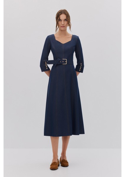 Denım Dikiş Detaylı Midi Elbise