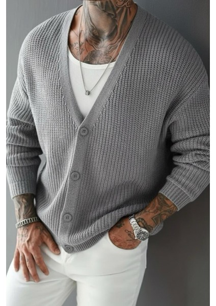 Grov Düğmeli V Yaka Kalın Erkek Hırka