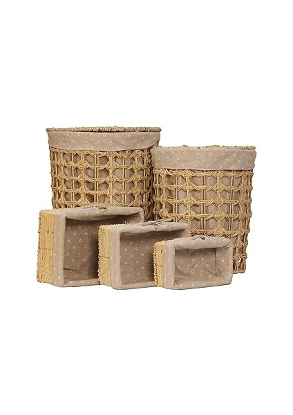 Orret 5'li Hasır Çamaşır Sepeti Seti – 2 Adet Kapaklı Kirli Sepeti ve 3 Adet Organizer Sepet,