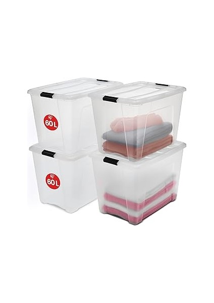 Iris Ohyama Kapaklı Saklama Kutuları, 60L, 4'lü Set, Şeffaf, Güvenli Tokalar, Istiflenebilir, Çekme