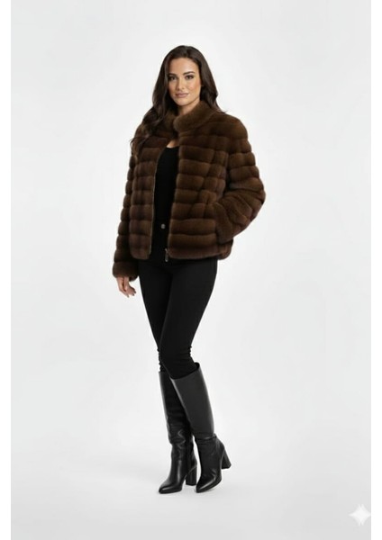 Kadın Şık Fermuarlı Peluş Kürk Ceket