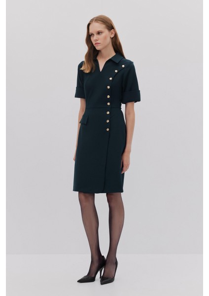 Önü Çakma Detaylı Manşetli Elbise