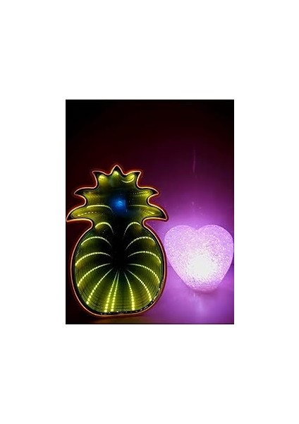 Işık KASABASI(164) Ayna Yansımalı Sarı Ananas ve Rcb Damla Silikon Kalp LED Gece Lambası Sarı
