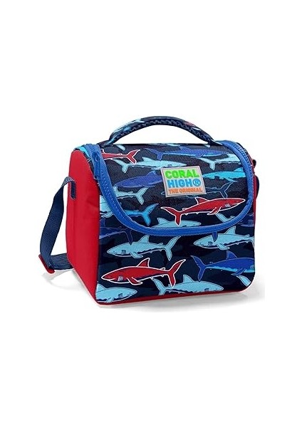 Coral High Erkek Çocuk Okul Beslenme Çantası - Isı Yalıtımlı Lacivert Kırmızı Köpekbalığı Baskılı