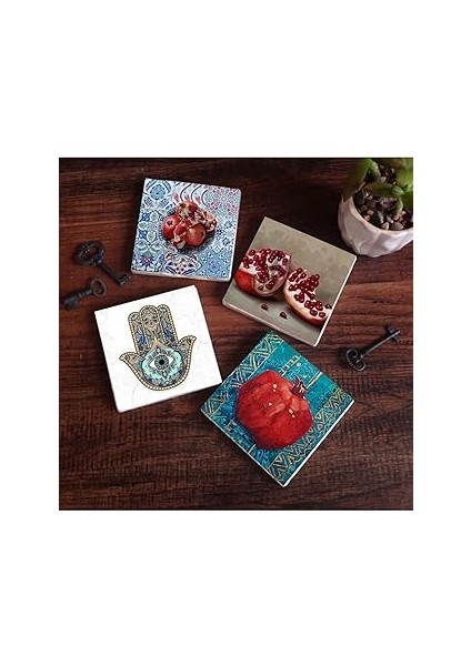 Pinecone Stone Nar, Fatma Ana Eli (Hamsa) Taş Bardak Altlığı Seti - 4 Parça - Dekoratif, Rustik Mut