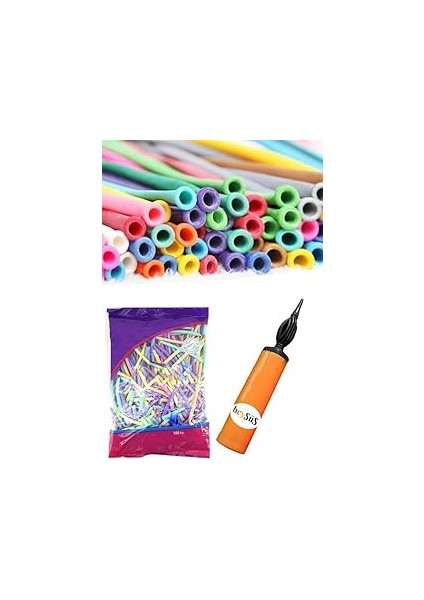 Beysüs 100'LÜ Adet Makaron Sosis Balon Karışık Renk Uzun Ince Balon 1 Adet Balon Pompası