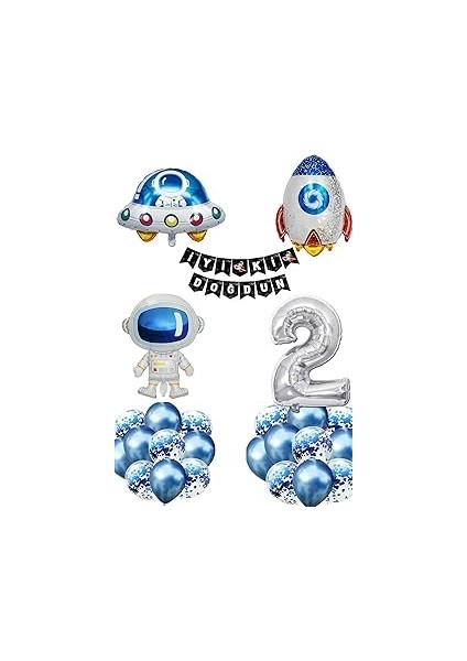 Patladı Gitti Uzay Konsepti 2 Yaş Doğum Günü Parti Kutlama Seti; Astronot, Ufo ve Uzay Gemisi Folyo