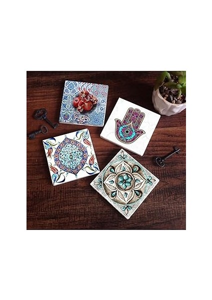 Pinecone Stone Fatma Ana Eli (Hamsa), Çini Sanatı, Nar Taş Bardak Altlığı Seti - 4 Parça - Dekorati