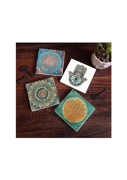 Pinecone Stone Mandala, Yaşam Çiçeği, Lotus Çiçeği, Fatma Ana Eli (Hamsa) Taş Bardak Altlığı Seti -