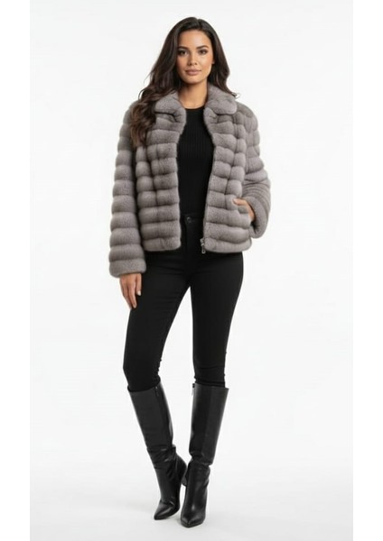 Kadın Şık Fermuarlı Peluş Kürk Ceket