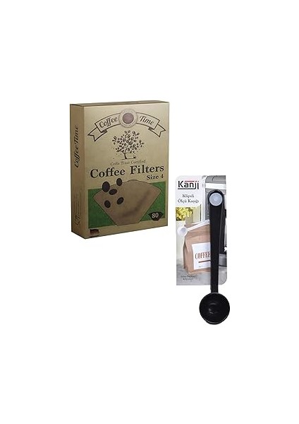 Coffee Time Filtre Kahve Kağıdı 1/4 4 Numara 80'li Paket + Kanji Klipsli Çay Kahve Ölçü Kaşığı - Si