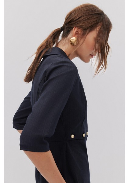 Çizgili Düğme Detaylı Elbise