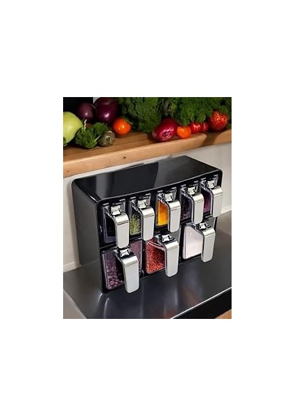 Herevin Sekizli Standlı Baharatlık Seti Krom Kulplu Siyah Kapak – 161280-820