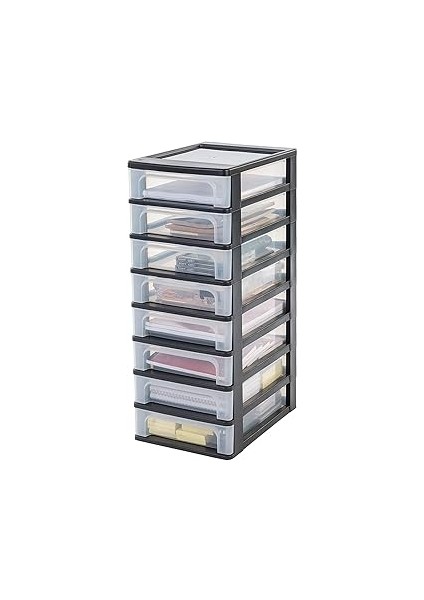 Iris Ohyama, OCH-2080 Plastik Çekmece Kutusu, 8 Düz Çekmeceli, Siyah, Easy-Pull Sistemi, A4, A5 ve