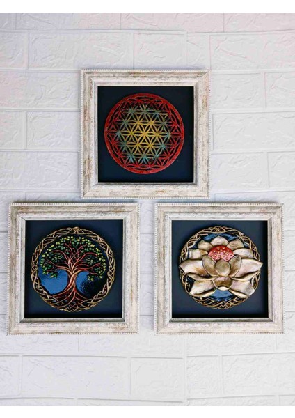 Rölyef Tablo Seti, Sanatçıdan El Emeği Yaşam Çiçeği, Lotus Çiçeği, Hayat Ağacı Tablo Seti, 22CM