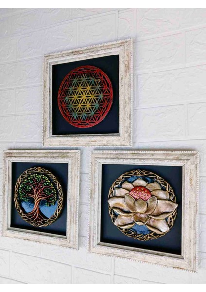 Rölyef Tablo Seti, Sanatçıdan El Emeği Yaşam Çiçeği, Lotus Çiçeği, Hayat Ağacı Tablo Seti, 22CM fiyatları