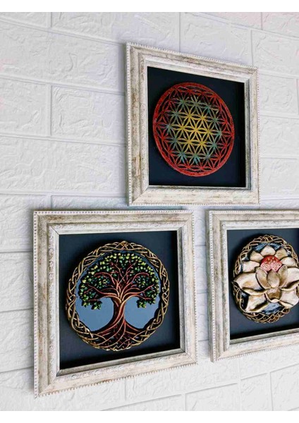 Rölyef Tablo Seti, Sanatçıdan El Emeği Yaşam Çiçeği, Lotus Çiçeği, Hayat Ağacı Tablo Seti, 22CM modelleri