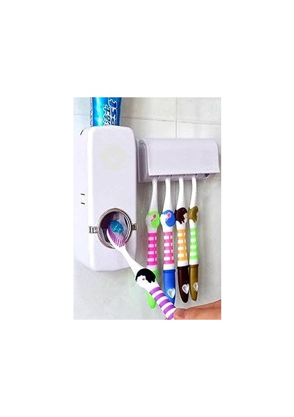 Mobee Otamatik Diş Macunu Sıkacağı ve 5 Adet Diş Fırçalığı Macun Sıkacak Diş Fırçası Banyo Askı Set