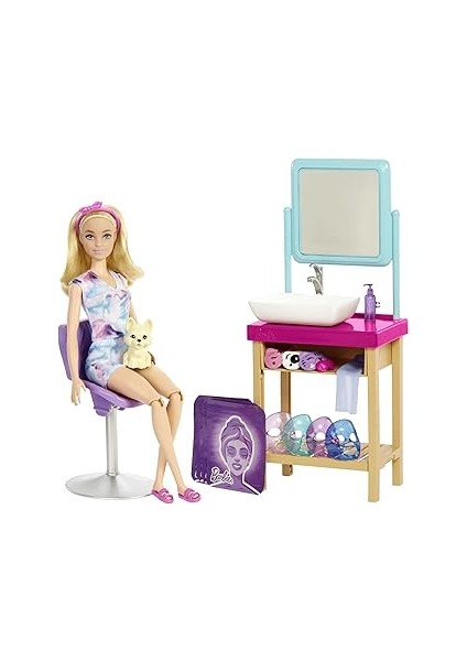 Wellness - Işıltı Dolu Spa Günü Oyun Seti, Sarışın Barbie, 7 Spa Maskesi, Lavabo, Ayna, Sand