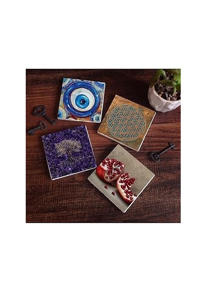 Pinecone Stone Nazar, Yaşam Çiçeği, Hayat Ağacı, Nar Taş Bardak Altlığı Seti - 4 Parça - Dekoratif,