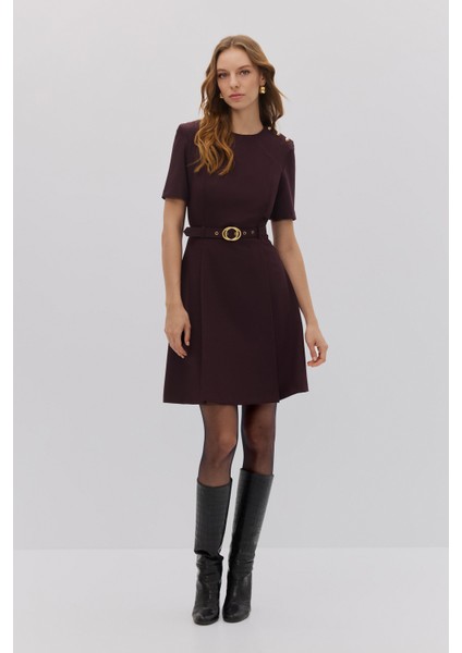 Bordo Düğme Detaylı Kemerli Mini Elbise fiyatları