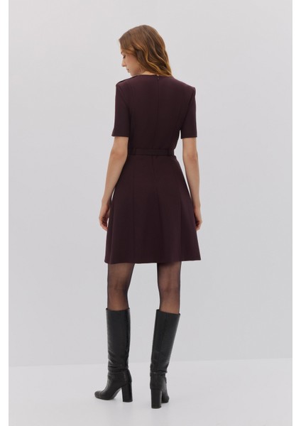 Bordo Düğme Detaylı Kemerli Mini Elbise modelleri