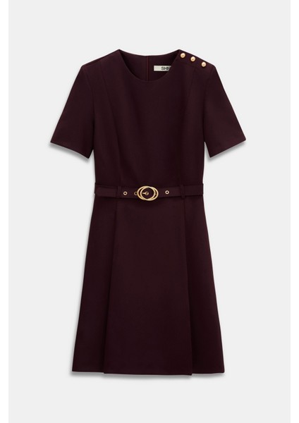 Bordo Düğme Detaylı Kemerli Mini Elbise fırsatları