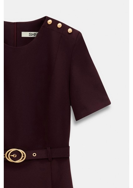 Bordo Düğme Detaylı Kemerli Mini Elbise indirimleri