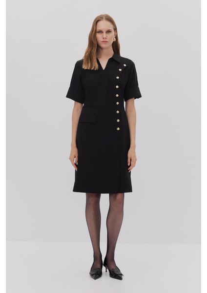 Önü Çakma Detaylı Manşetli Elbise