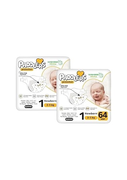 Paddlers Protection Bebek Bezi 1 Numara Yenidoğan 128 Adet (2-5 Kg) 2'li Set