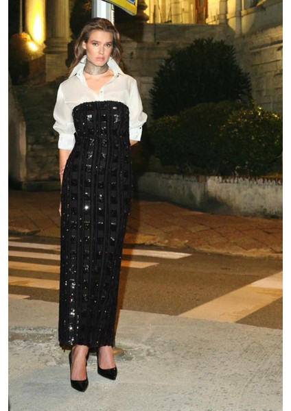 Gömlekli Straplez Payet Elbise