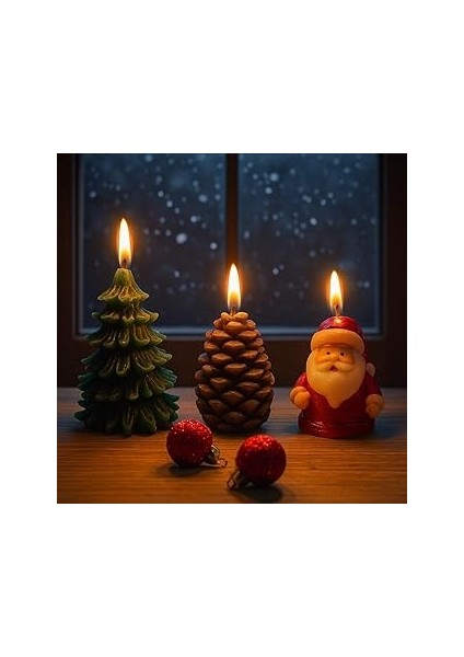 Coverzone 3'lü Set Noel Temalı Dekoratif Mum Seti – Çam Ağacı, Kozalak ve Noel Baba Tasarımlı El Ya