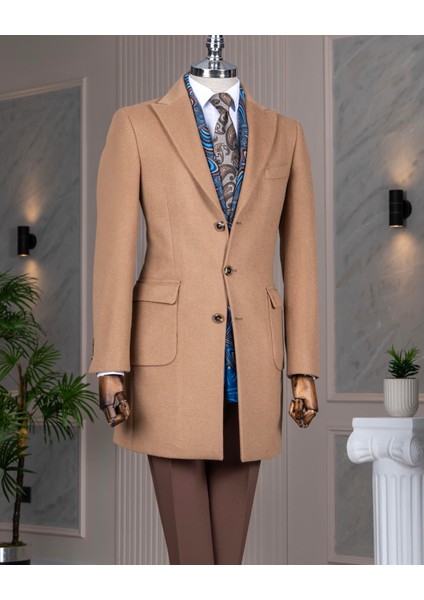 Italyan Stil Slim Fit Sivri Yaka Yün Karışımlı Kaşe Erkek Kaban Camel T13447