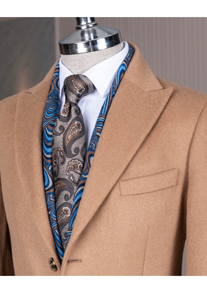 Italyan Stil Slim Fit Sivri Yaka Yün Karışımlı Kaşe Erkek Kaban Camel T13447