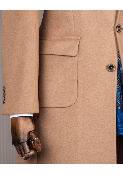 Italyan Stil Slim Fit Sivri Yaka Yün Karışımlı Kaşe Erkek Kaban Camel T13447