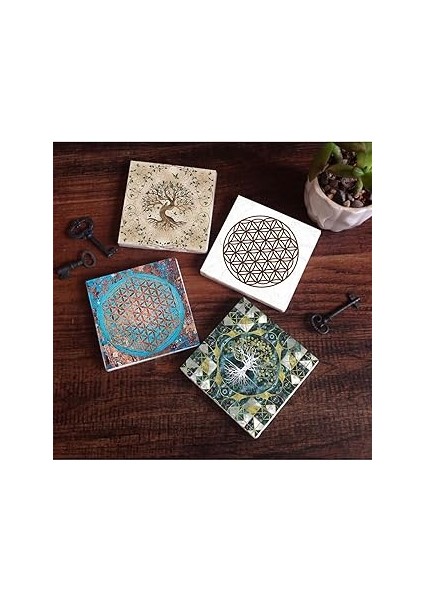 Pinecone Stone Yaşam Çiçeği, Hayat Ağacı Taş Bardak Altlığı Seti - 4 Parça - Dekoratif, Rustik Mutf